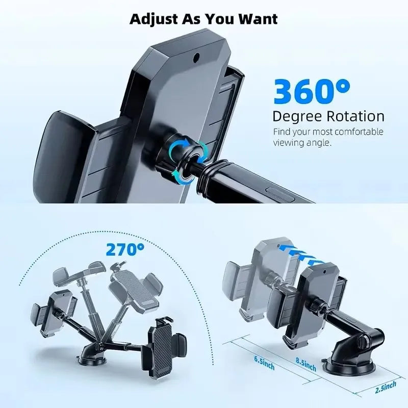 Universal Car Phone Mount with 360° Rotation – Strong Suction Cup or Air Vent Clip, Telescopic Arm, One-Touch Release