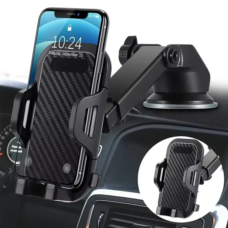 Universal Car Phone Mount with 360° Rotation – Strong Suction Cup or Air Vent Clip, Telescopic Arm, One-Touch Release