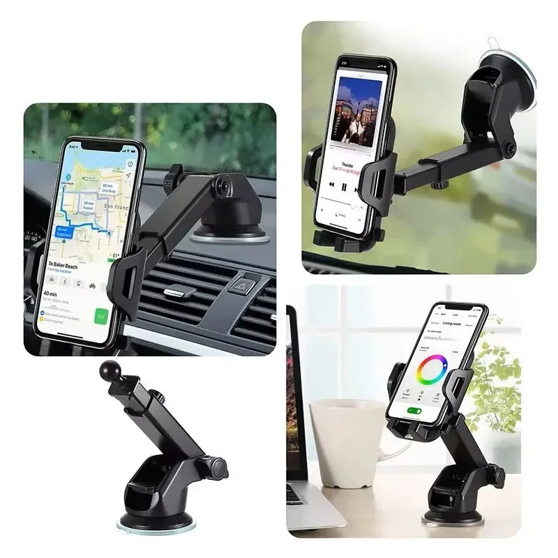 Universal Car Phone Mount with 360° Rotation – Strong Suction Cup or Air Vent Clip, Telescopic Arm, One-Touch Release