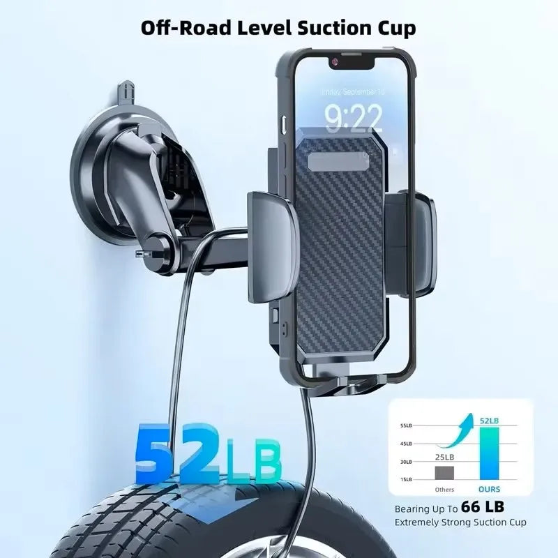 Universal Car Phone Mount with 360° Rotation – Strong Suction Cup or Air Vent Clip, Telescopic Arm, One-Touch Release