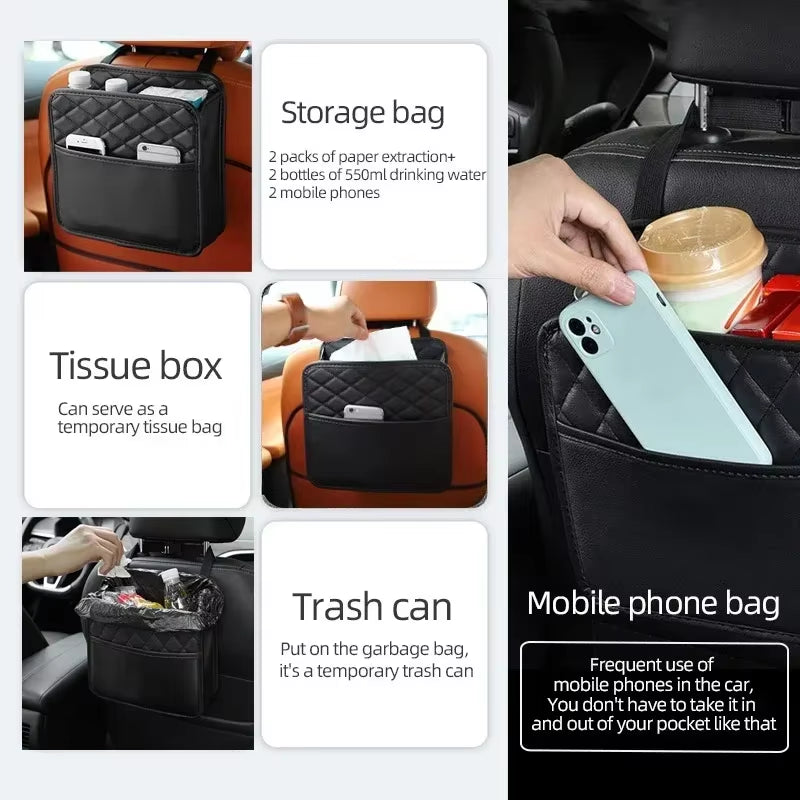 Versatile Leather Car Seat Storage & Trash Bag - Portable Organizer for Most Vehicle Models