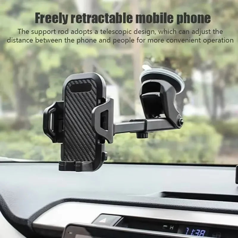 Universal Car Phone Mount with 360° Rotation – Strong Suction Cup or Air Vent Clip, Telescopic Arm, One-Touch Release